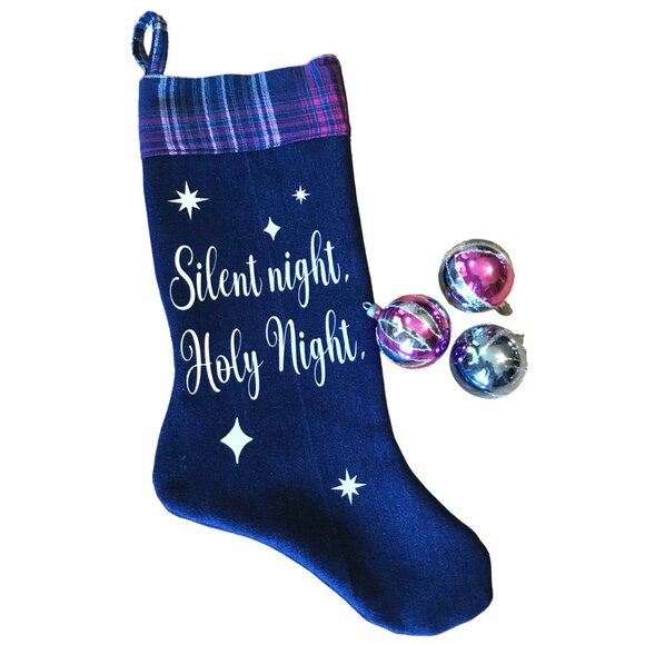 Denim Christmas Stocking: Old Fashioned Holiday Home Decor, Silent Night Lyrics - Picture 1 of 7
